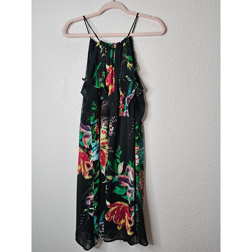 Old Navy Floral Halter Dress XL Black Tropical Ruffle Sleeveless Midi Dark Fairy